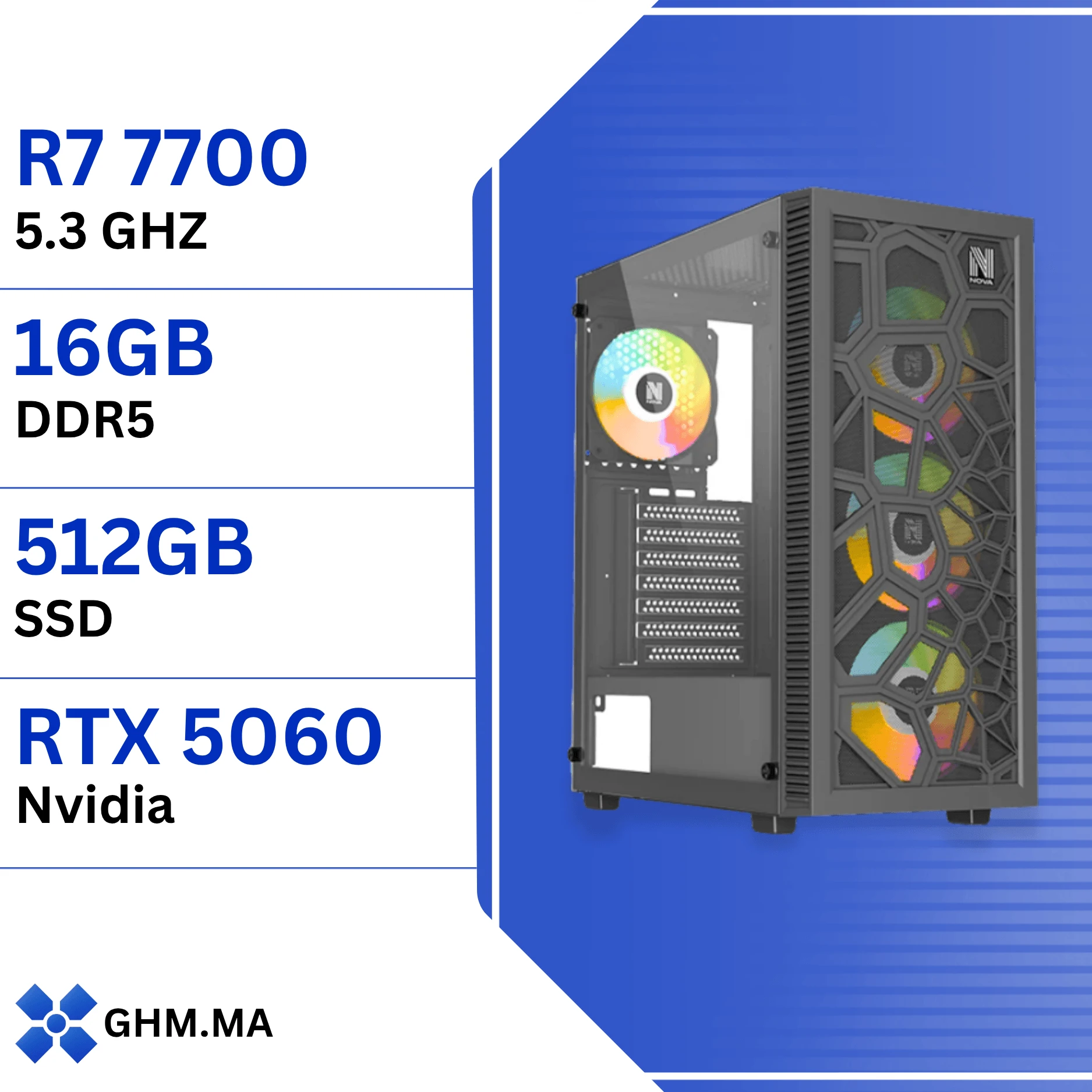 PC Gamer Ryzen 7 7700 - MSI RTX 5060 8GB, 16GB DDR5, 512GB SSD, Watercooling