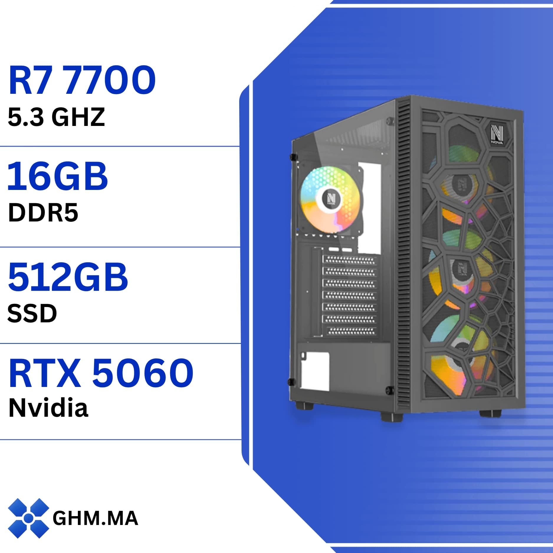 PC Gamer Ryzen 7 7700 - MSI RTX 5060 8GB, 16GB DDR5, 512GB SSD, Watercooling