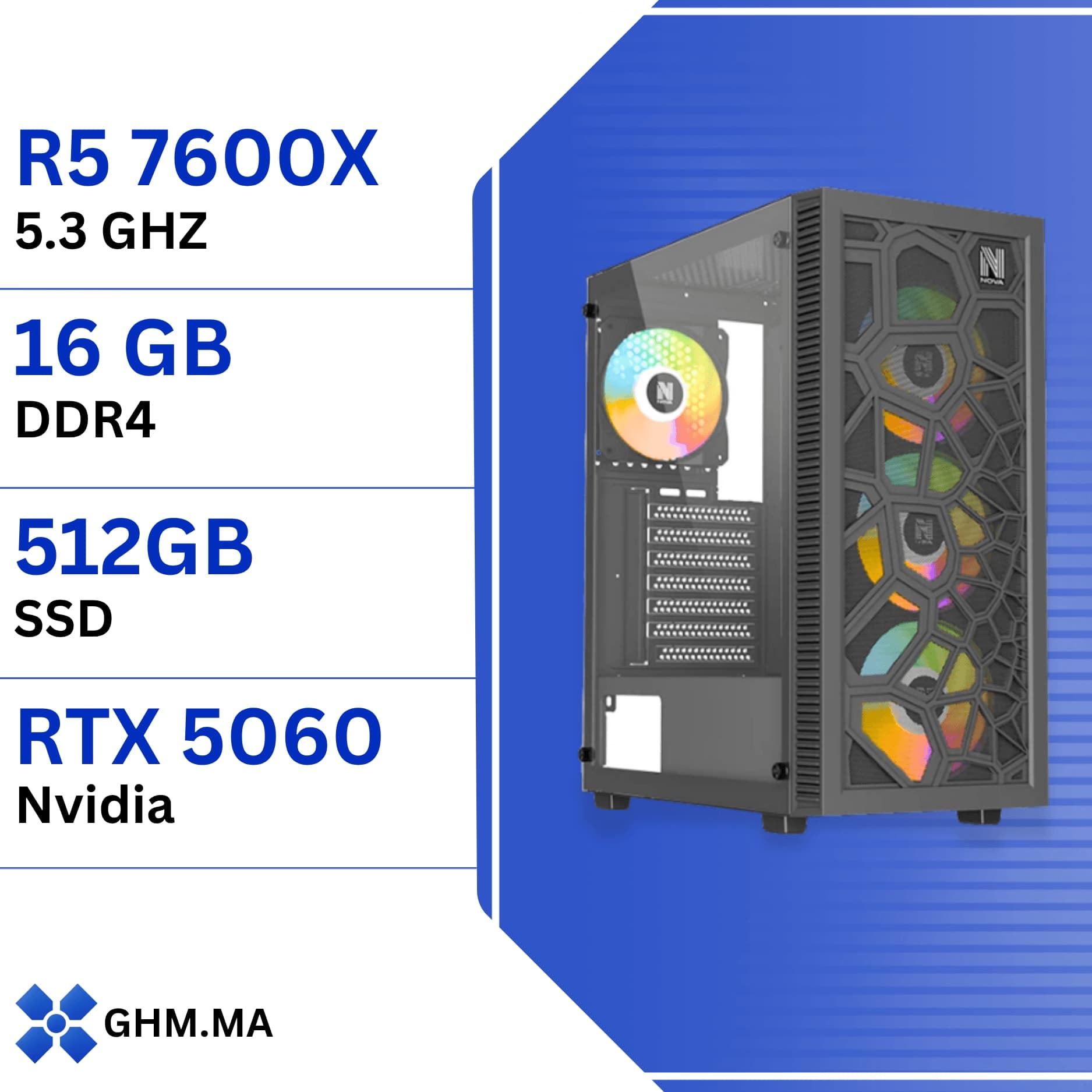 PC Gamer Ryzen 5 7600X - MSI RTX 5060 8GB, 16GB DDR5, 512GB SSD