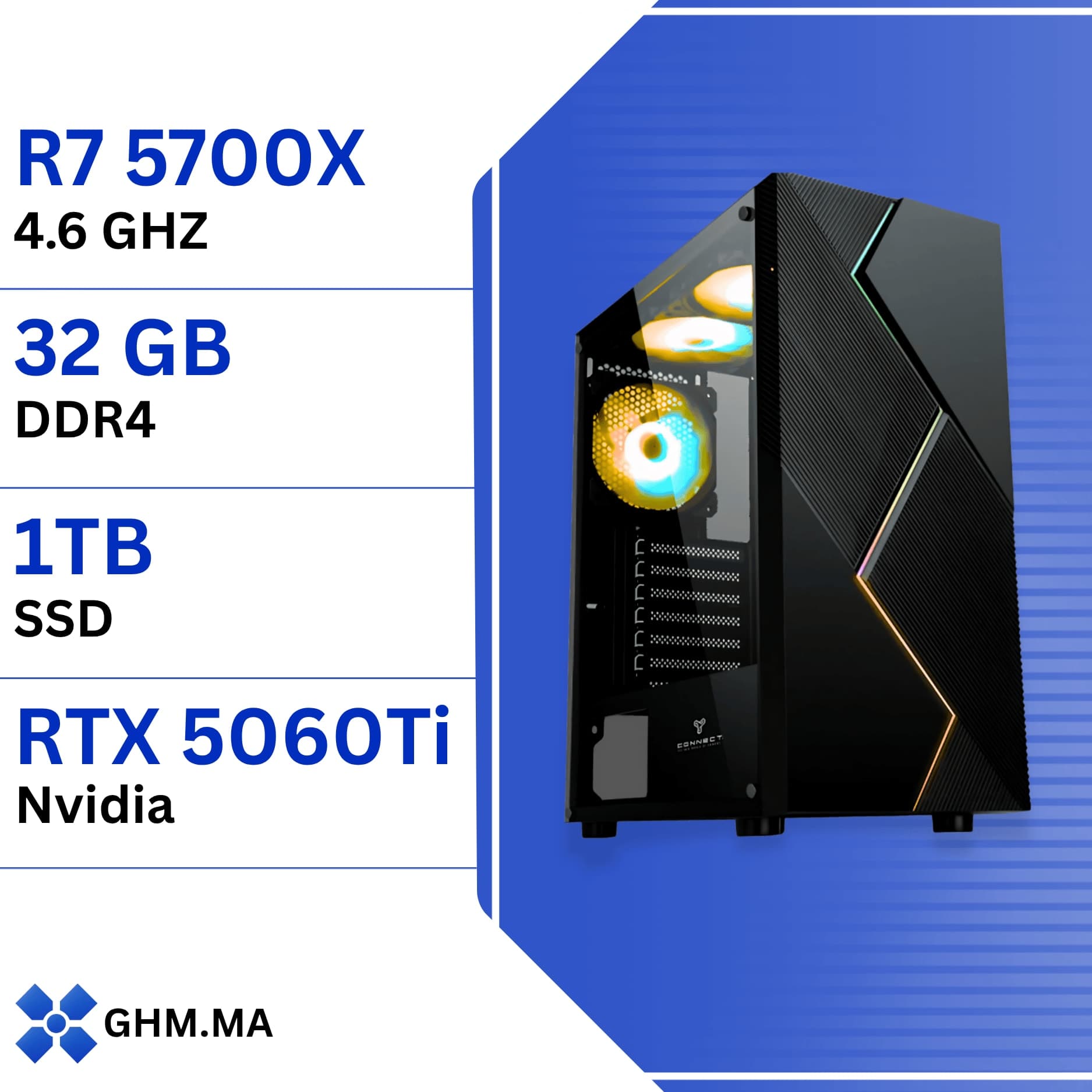 PC Gamer Ryzen 7 5700X - RTX 5060 Ti 8GB, 32GB DDR4, 1TB NVMe