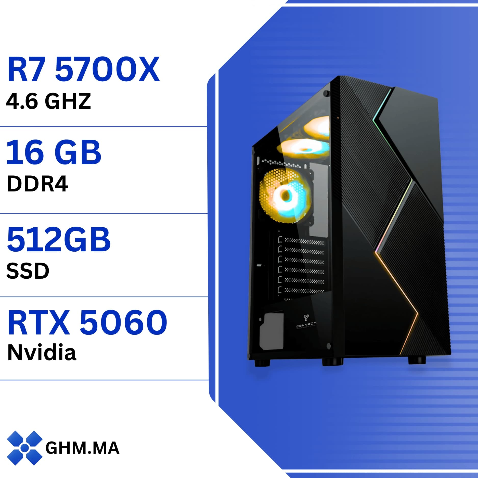 PC Gamer Ryzen 7 5700X - Gigabyte RTX 5060 8GB, 16GB DDR4, 512GB SSD