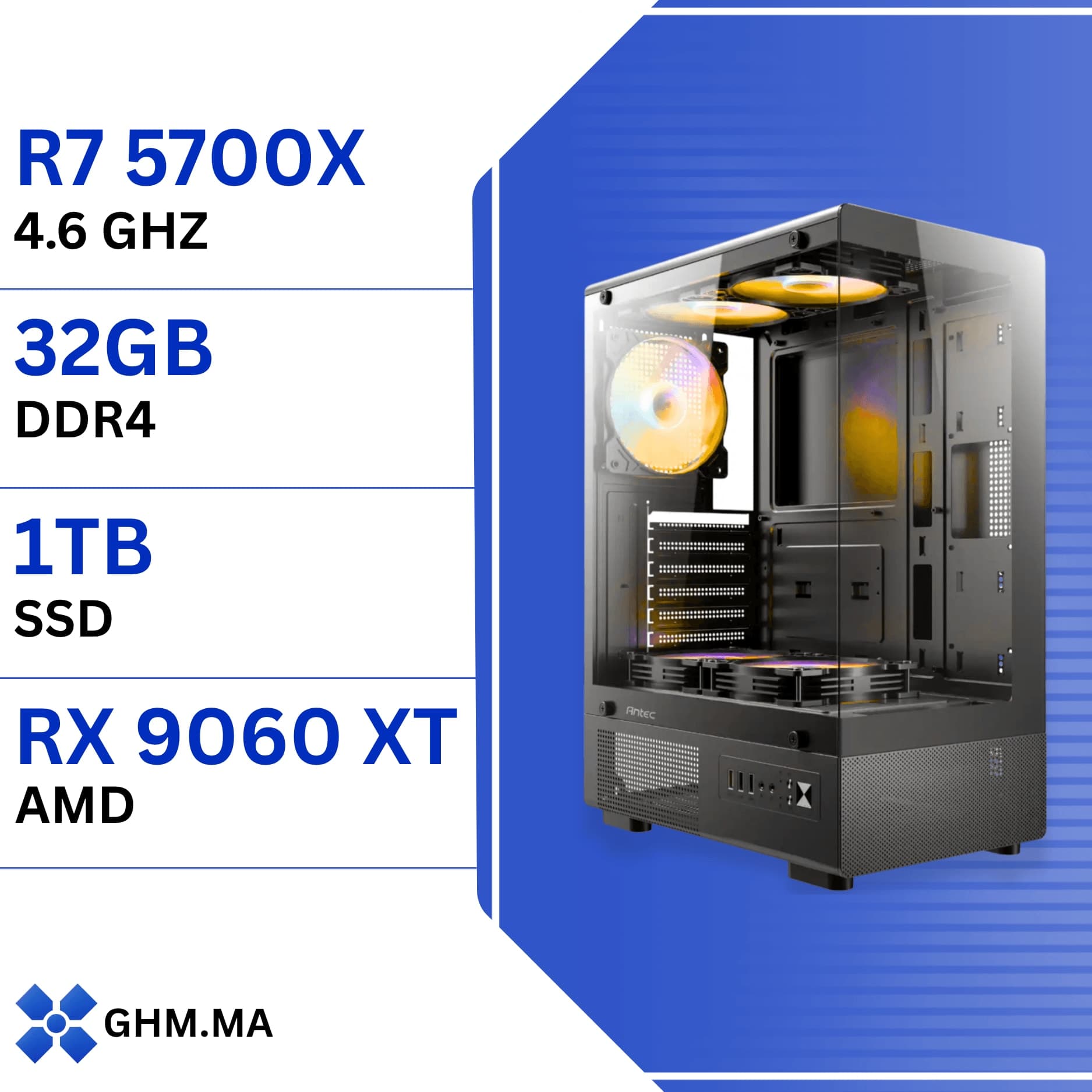 PC Gamer Ryzen 7 5700X - RX 9060 XT 16GB, 32GB DDR4, 1TB NVMe