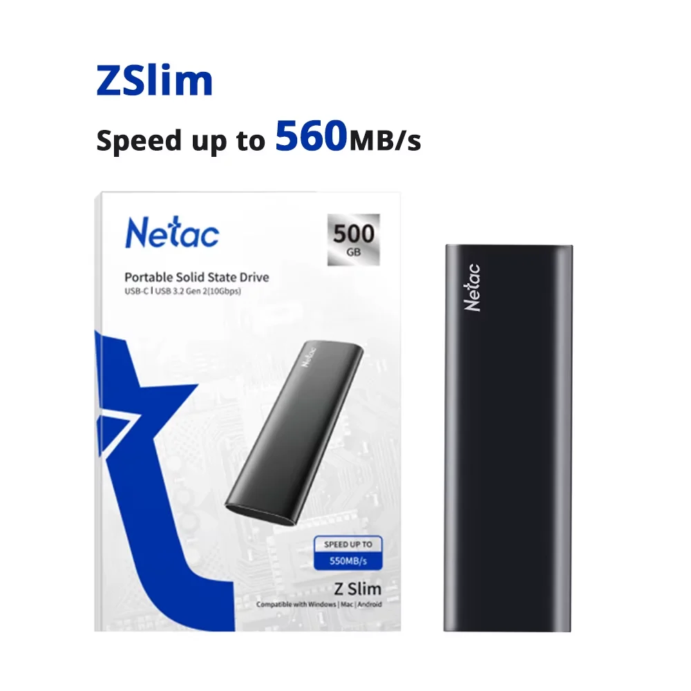 Netac Z Slim 500GB SSD Portable USB 3.2 Gen 2 Type-C Noir